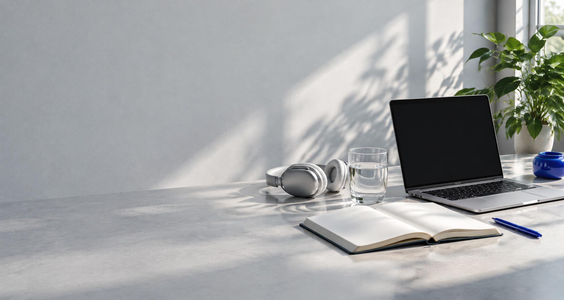 A sunlit workspace with a notebook, laptop and headphones